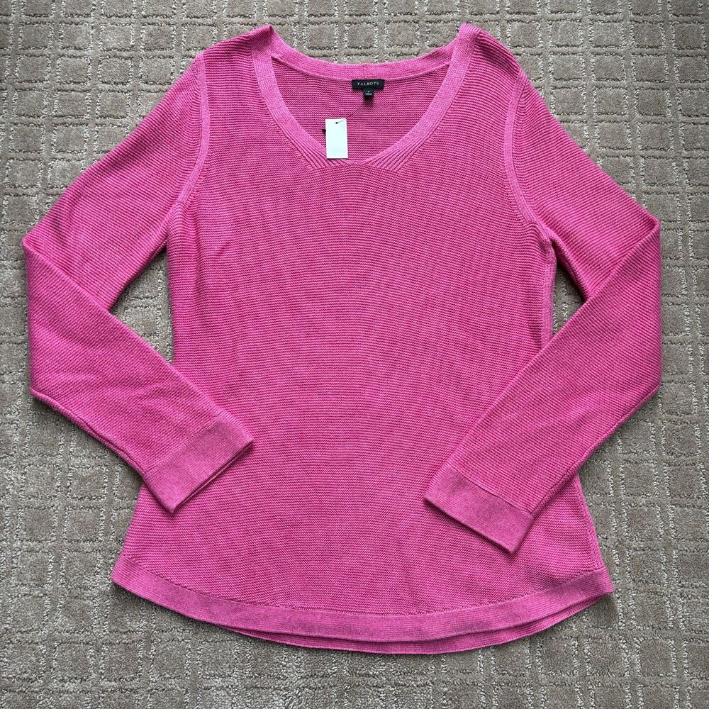 Talbots V-Neck Knit Sweater Women's Small Pink Cotton Blend Preppy Casual Cute